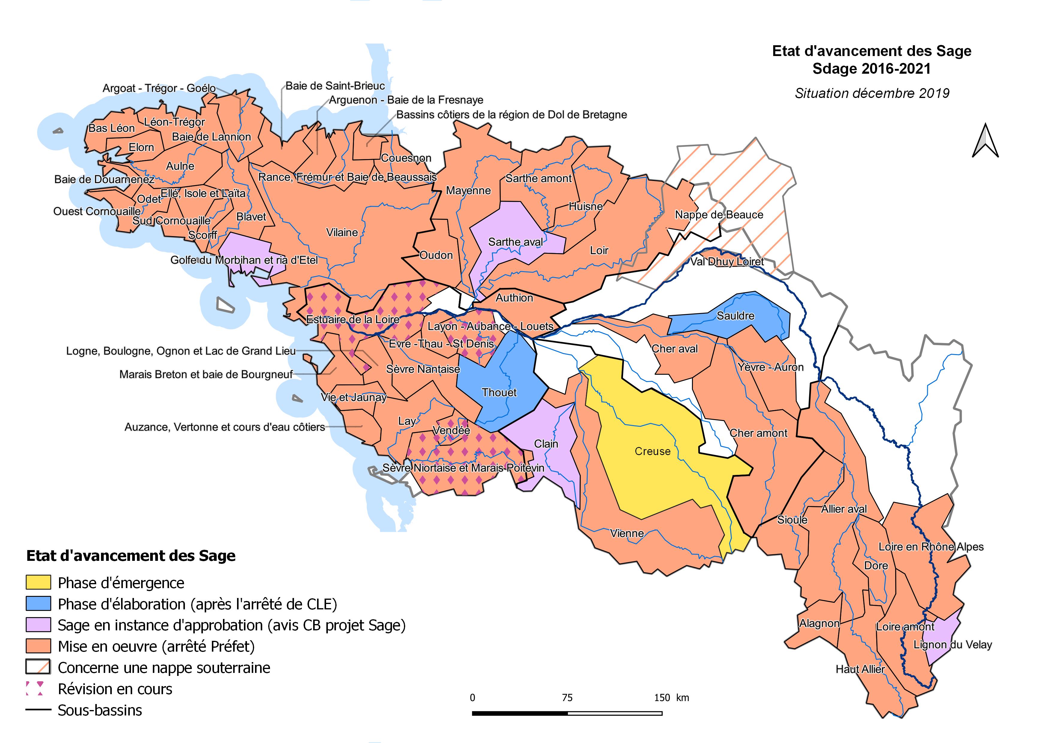 La carte d'état d'avancement des Sage du bassin Loire-Bretagne, représente l'ensemble des territoires de Sage