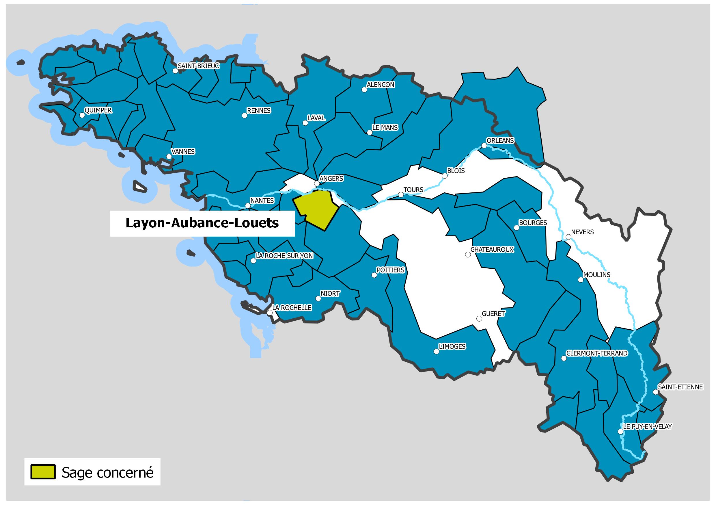 Carte de location du Sage Layon-Aubance-Louets. Représentation du bassin Loire-Bretagne, découpage en bleu des différents Sage du bassin, puis en vert le Sage concerné.Le tracé de la loire est également représenté.