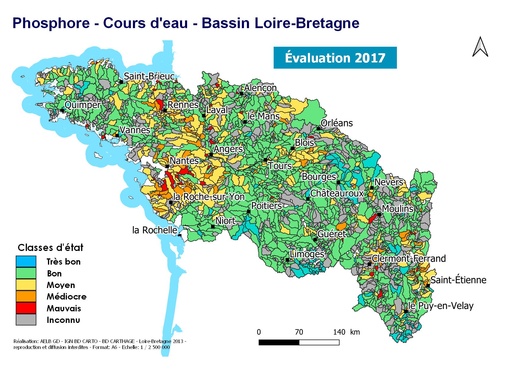Évaluation 2017 pour le phosphore de l'état des cours d'eau en Loire-Bretagne